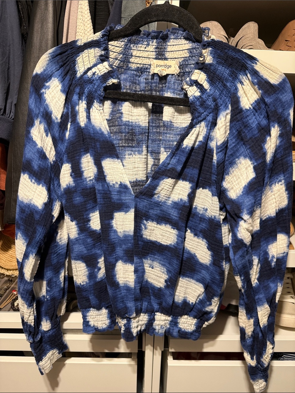 Porridge Blue & White Tie-Dye Smocked V-Neck Blouse
